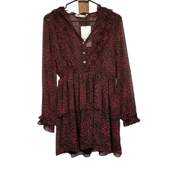 Zara Red & Black Cheetah‎ Print Long Sleeve Ruffled Mini Dress Size L - Picture 1 of 10